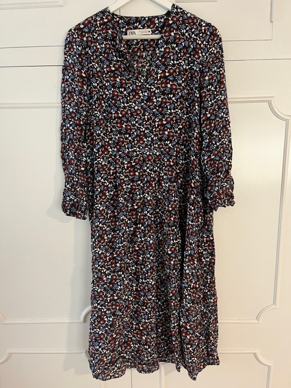 Zara Floral Midi Dress w/ Pockets | Burgundy Blue Print | Button Front